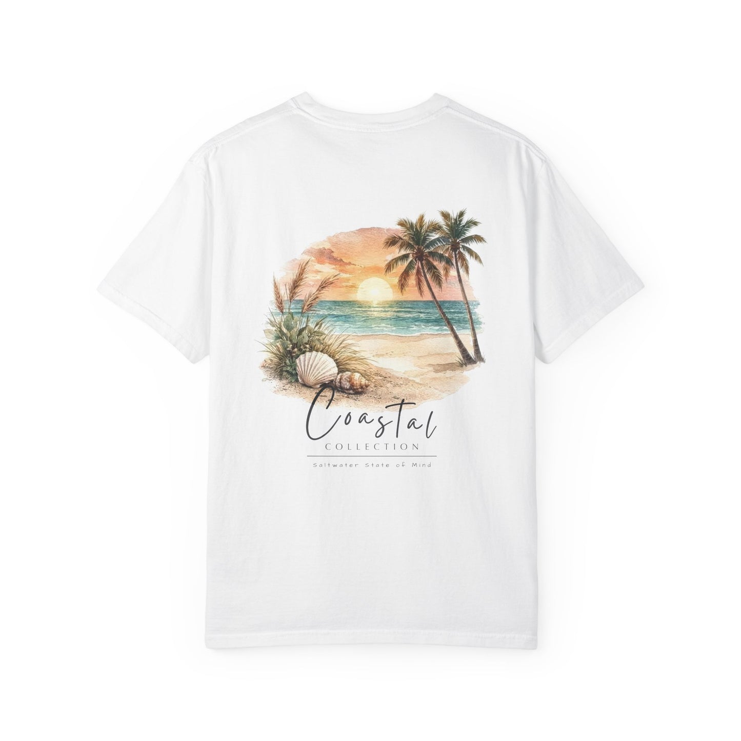 Unisex Adult Sunset Beach Scene Back Design T-Shirt — Tropical Palm Tree 'Saltwater State of Mind' Graphic w/ Logo Front (Additional Color)