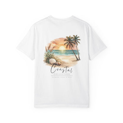 Unisex Adult Sunset Beach Scene Back Design T-Shirt — Tropical Palm Tree 'Saltwater State of Mind' Graphic w/ Logo Front (Additional Color)