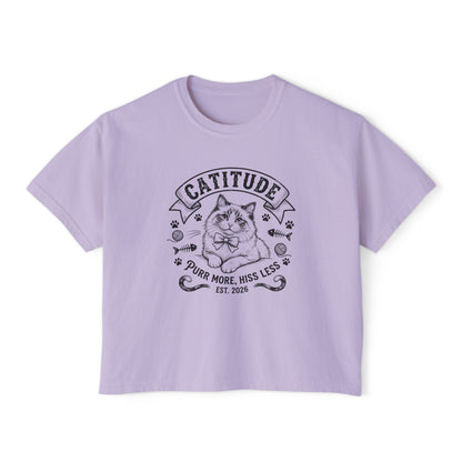 Catitude Women's Boxy Tee — 'Purr More, Hiss Less' Cute Cat Graphic Shirt (Additional Colors)