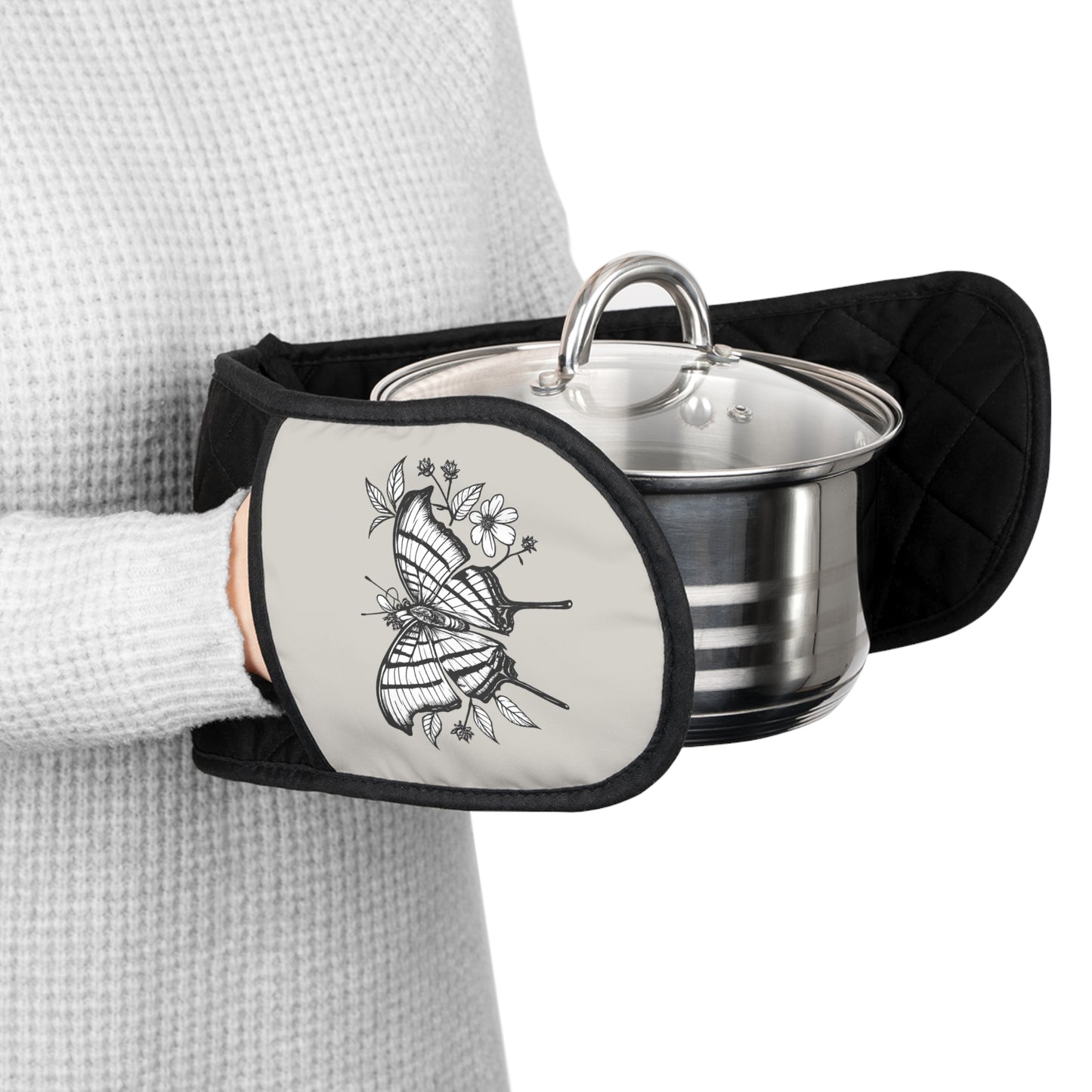 Butterfly Design Oven Mitts - Black Quilted Double-Ended Pot Holder