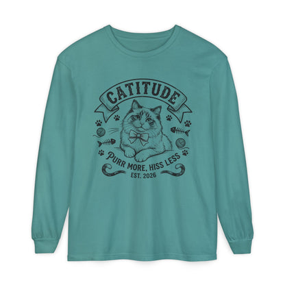 Unisex Catitude Design Long Sleeve Tee — 'Purr More, Hiss Less' Cat Lover Shirt (Additional Colors)