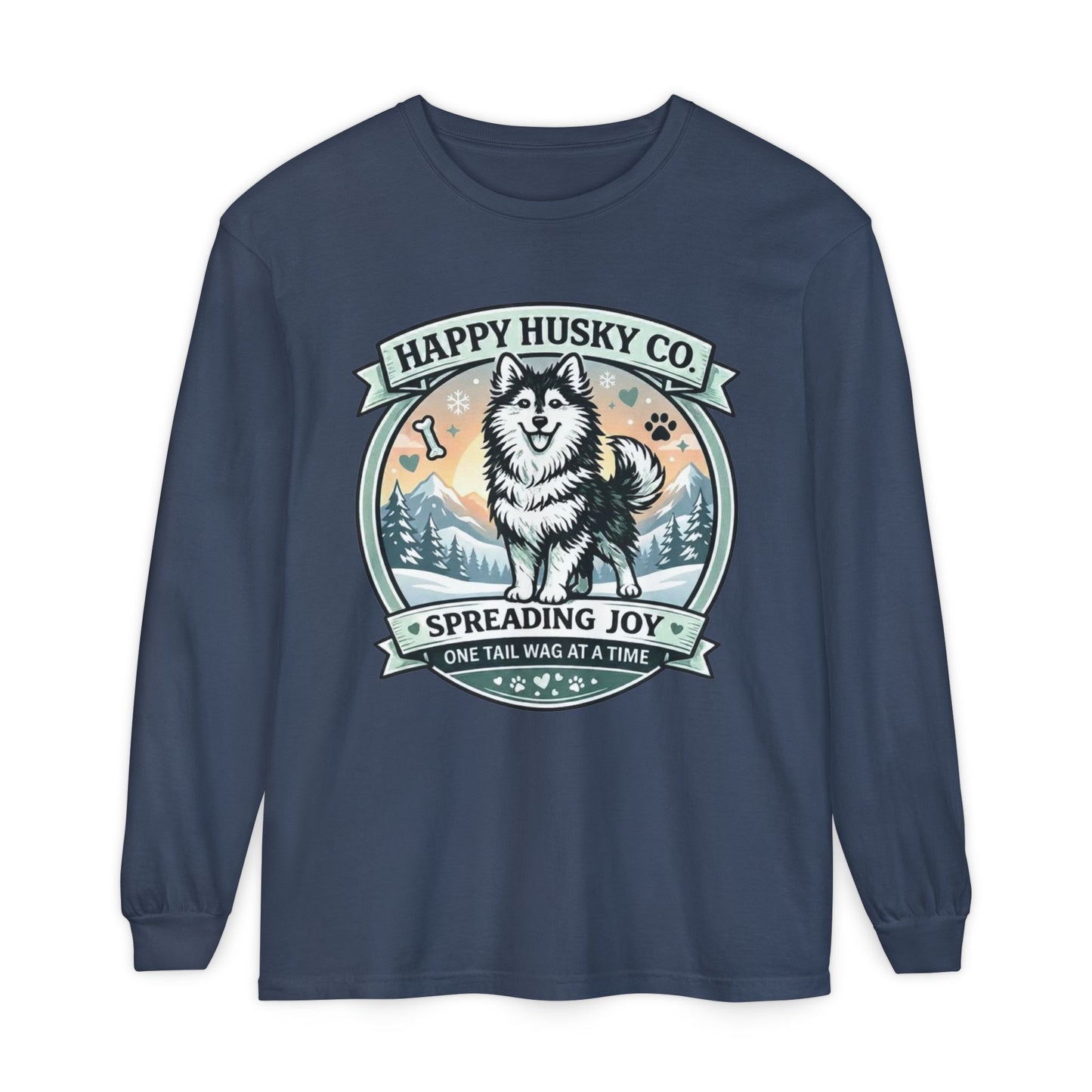 Unisex Colorful Happy Husky Co. Long Sleeve T-Shirt — 'Spreading Joy One Tail Wag At A Time' Graphic (Additional Colors)