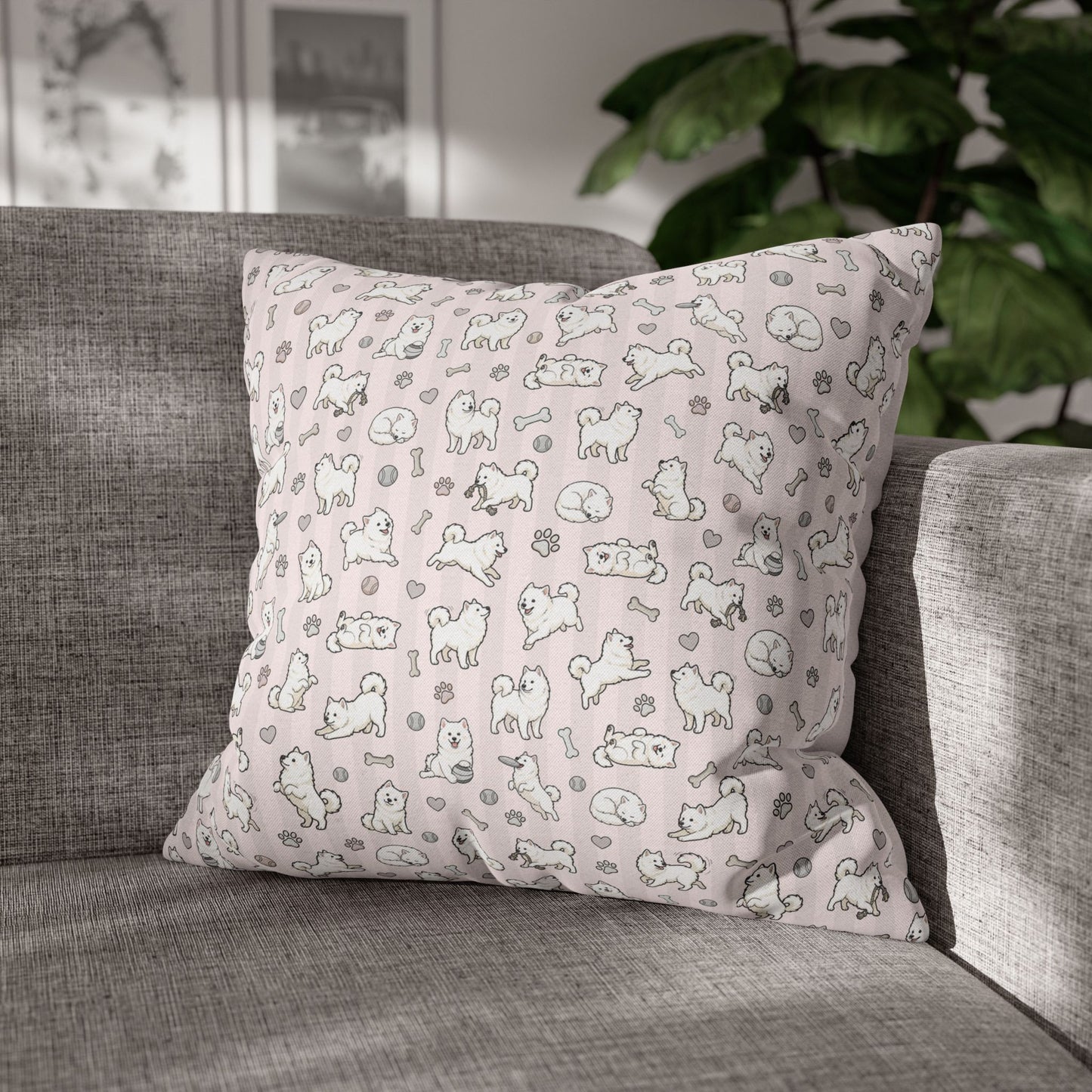 Double Sided Pink Design Samoyed Puppy With Bones, Hearts & Paw Prints Pillowcase — Decorative Square Throw Pillow (Additional Sizes)