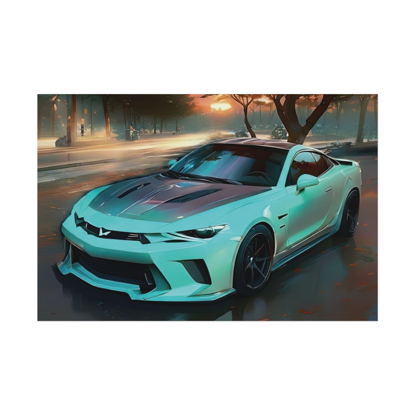 Artsy Teal Camaro Sports Car Sunset Street Scene Wall Art Print