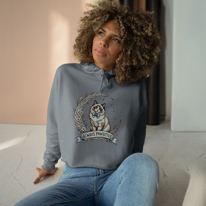 Cute Cat & Moon Crop Hoodie — “Always Pawsitive” Cozy Graphic Pullover (Additional Colors)