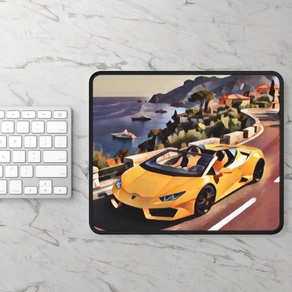 Yellow Supercar Scenic Drive Mouse Pad — Coastal Sports Car Gaming Desk Mat