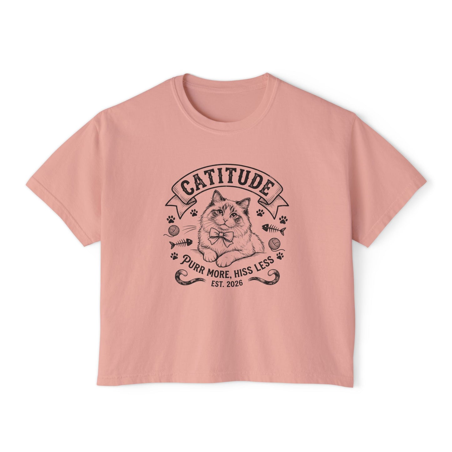 Catitude Women's Boxy Tee — 'Purr More, Hiss Less' Cute Cat Graphic Shirt (Additional Colors)