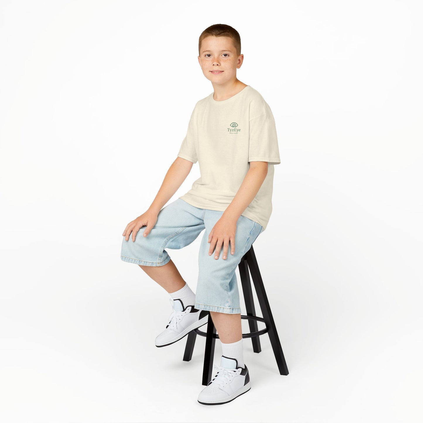 Kids Sunset Beach Scene Back Design T-Shirt — Tropical Palm Tree 'Saltwater State of Mind' Graphic w/ Logo Front (Additional Color)