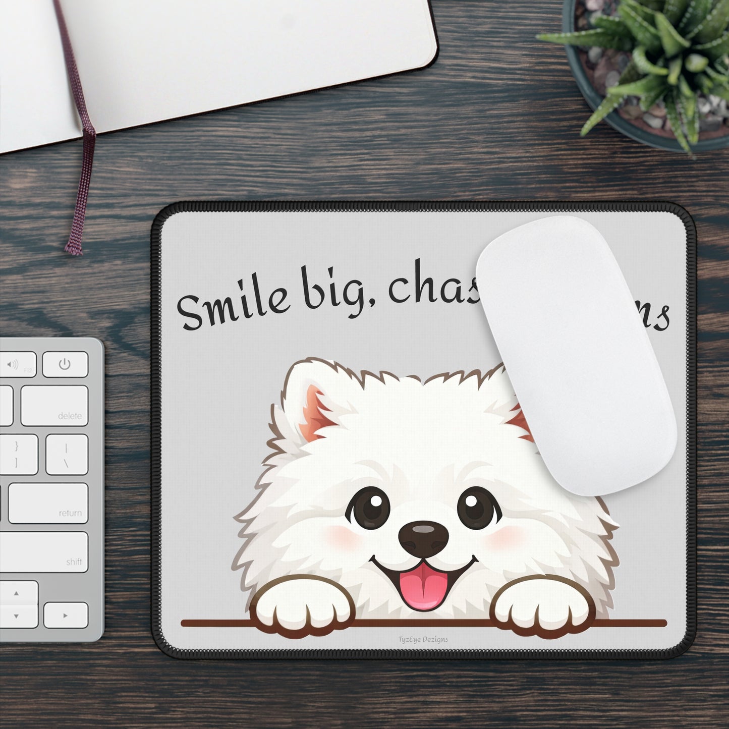 'Smile Big, Chase Dreams' Gaming Mouse Pad — Cute White Fluffy Samoyed Dog Design