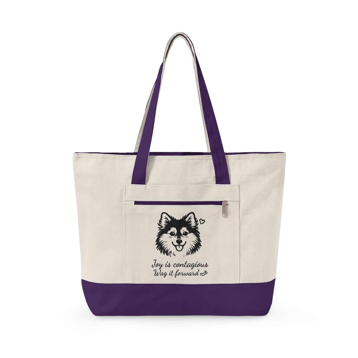 Adorable Pomsky With A Heart Canvas Tote Bag, 'Joy is contagious, Wag it forward' Zippered Beach & Market Tote (Additional Colors)