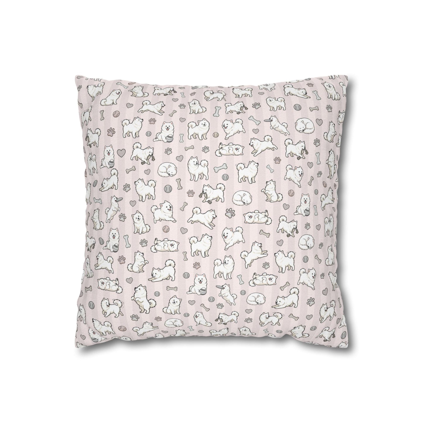 Double Sided Pink Design Samoyed Puppy With Bones, Hearts & Paw Prints Pillowcase — Decorative Square Throw Pillow (Additional Sizes)