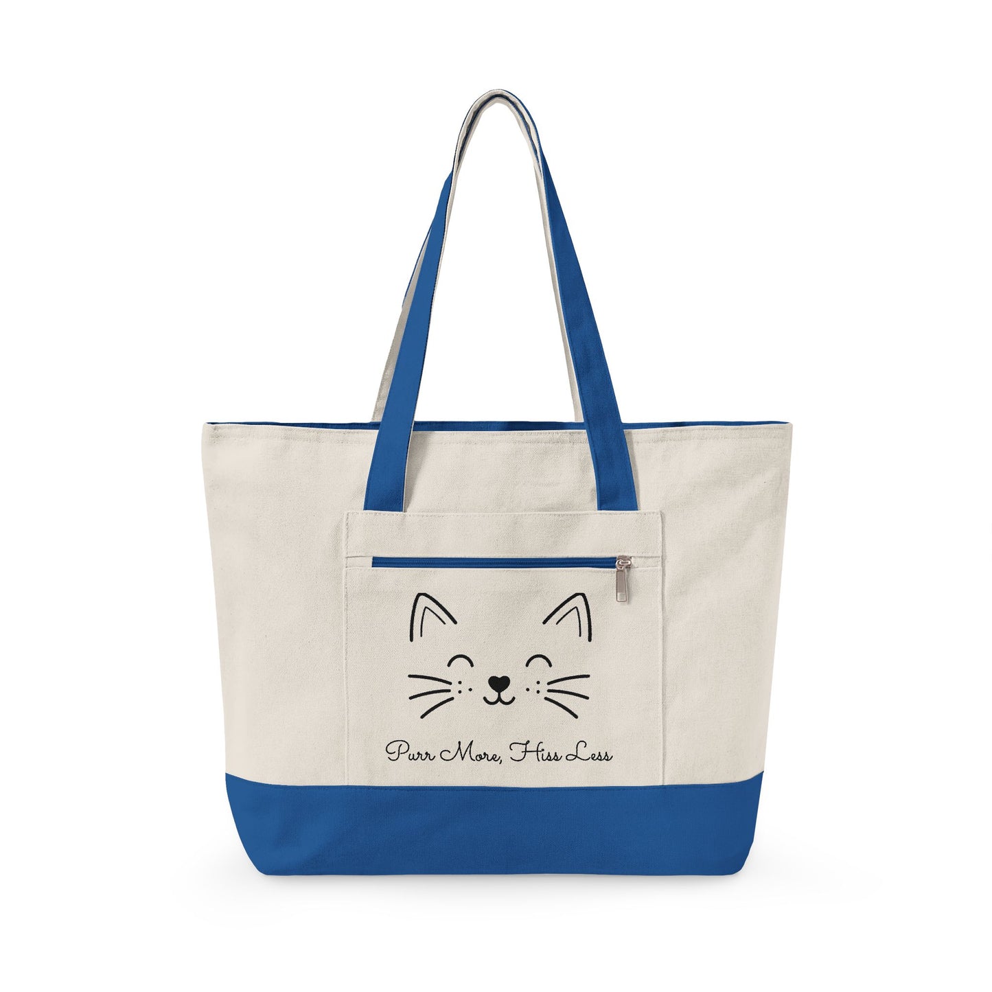 Cute Cat Face Canvas Tote Bag —  'Purr More, Hiss Less' Zippered Beach & Market Tote (Additional Colors)