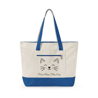 Cute Cat Face Canvas Tote Bag —  'Purr More, Hiss Less' Zippered Beach & Market Tote (Additional Colors)