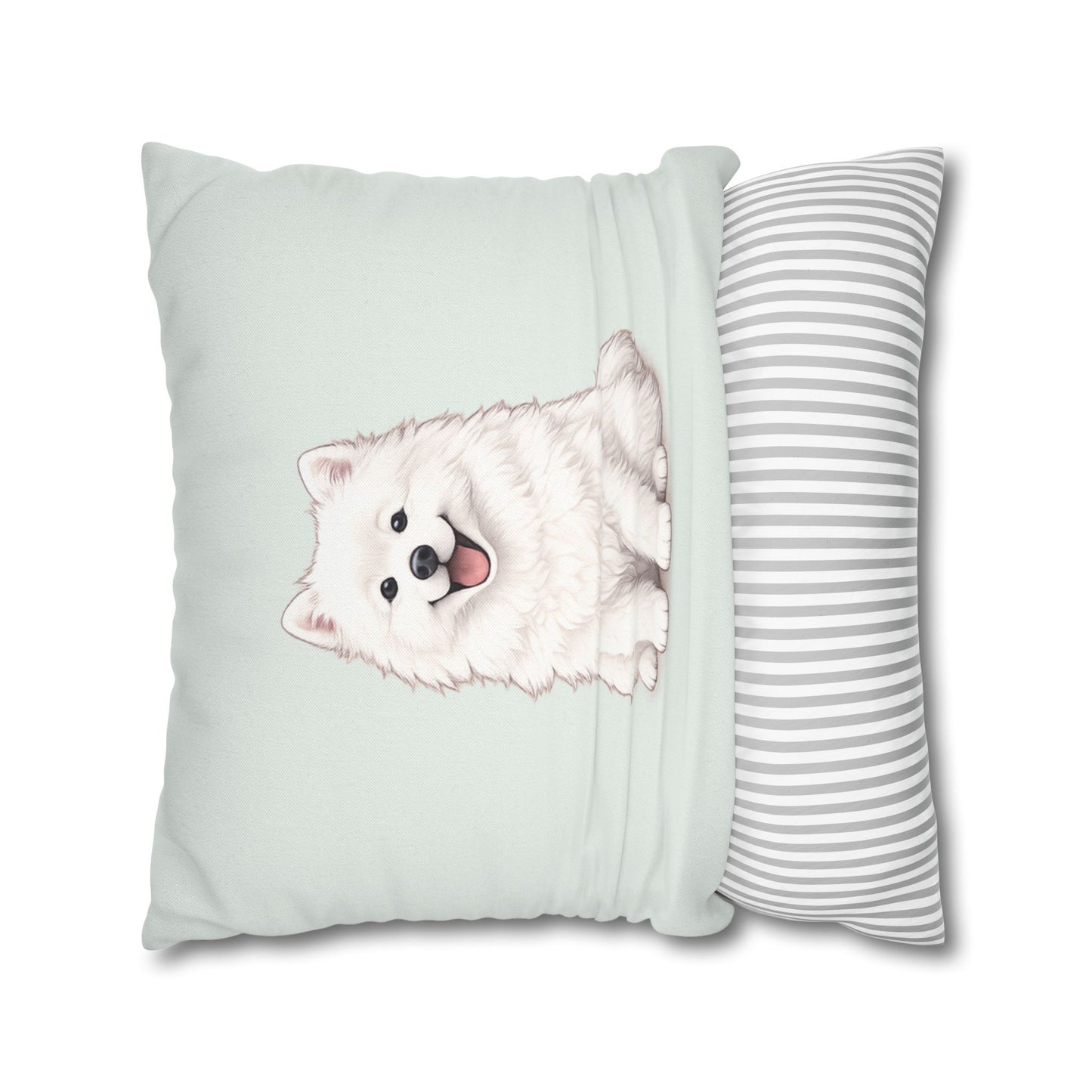 Double Sided Sage Green Samoyed Puppy With Bones, Hearts, and Paw Prints Design Pillowcase — Soft Striped Decorative Square Throw Pillow (Additional Sizes)