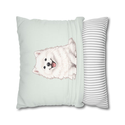 Double Sided Sage Green Samoyed Puppy With Bones, Hearts, and Paw Prints Design Pillowcase — Soft Striped Decorative Square Throw Pillow (Additional Sizes)