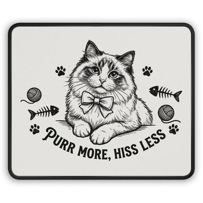 Cat Design Mouse Pad — “Purr More, Hiss Less” Cute Bow Tie Kitty Gaming/Desk Pad