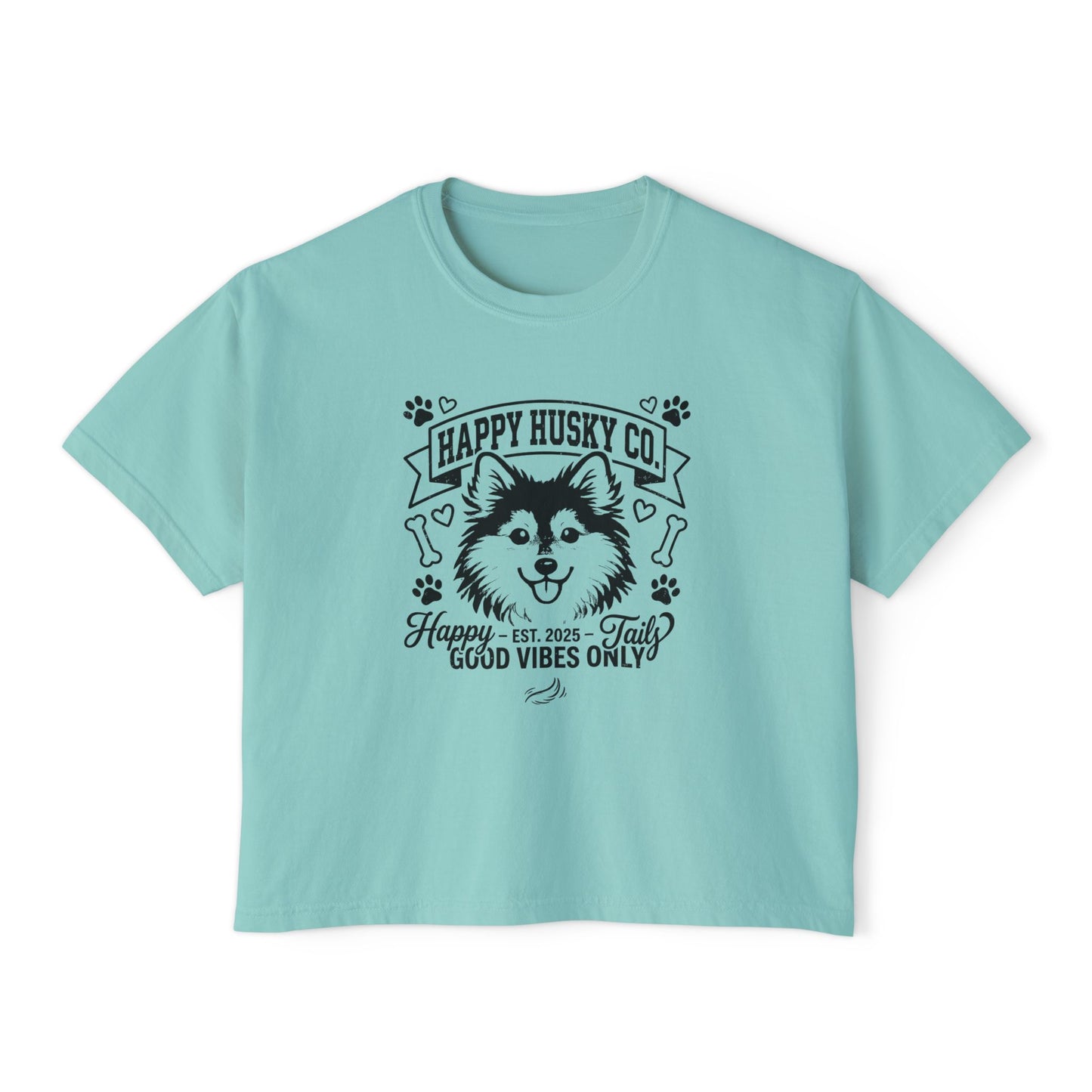 Happy Husky Co. Women's Boxy Tee — 'Happy Tails, Good Vibes Only' Graphic (Additional Colors)