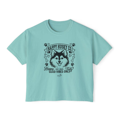 Happy Husky Co. Women's Boxy Tee — 'Happy Tails, Good Vibes Only' Graphic (Additional Colors)