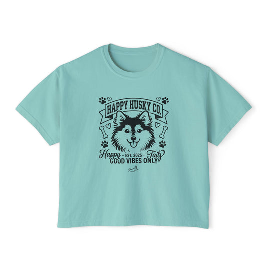 Happy Husky Co. Women's Boxy Tee — 'Happy Tails, Good Vibes Only' Graphic (Additional Colors)