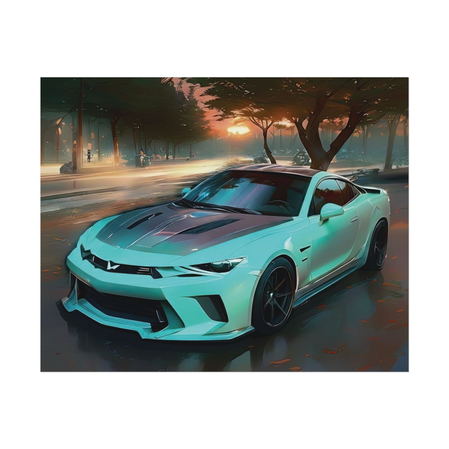 Artsy Teal Camaro Sports Car Sunset Street Scene Wall Art Print