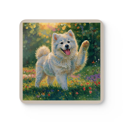 Samoyed Dog Design Coaster 4-Piece Set — Cute Paw-Waving Puppy Cork Coasters, Floral Sunny Garden Décor Gift