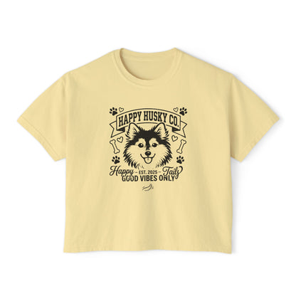 Happy Husky Co. Women's Boxy Tee — 'Happy Tails, Good Vibes Only' Graphic (Additional Colors)