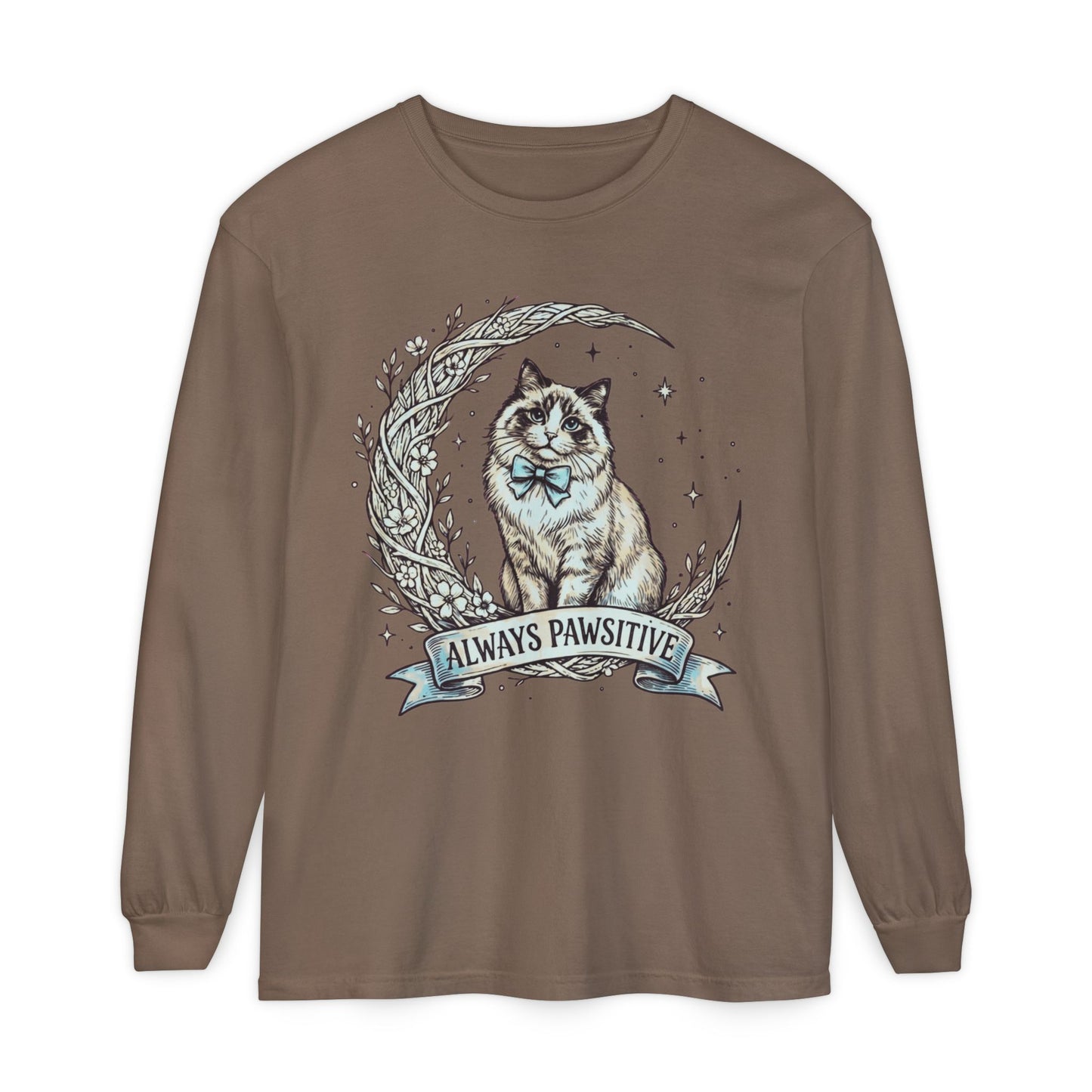 Unisex Adult 'Always Pawsitive' Cat Design Long Sleeve Tee — Cute Ragdoll Cat Graphic Shirt (Additional Colors)