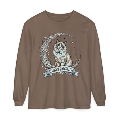 Unisex Adult 'Always Pawsitive' Cat Design Long Sleeve Tee — Cute Ragdoll Cat Graphic Shirt (Additional Colors)