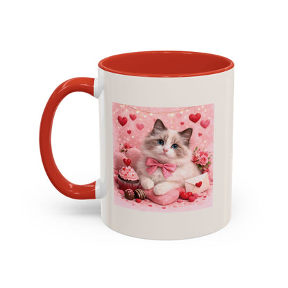 Valentine's Romantic Ragdoll Cat Theme 'Purr more Hiss less Stay pawsome' Accent Coffee Mug, 11 oz or 15 oz (Additional Color)