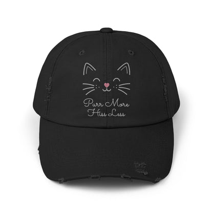 Unisex Cat Face Design Distressed Cap - 'Purr More, Hiss Less' Hat (Additional Colors)