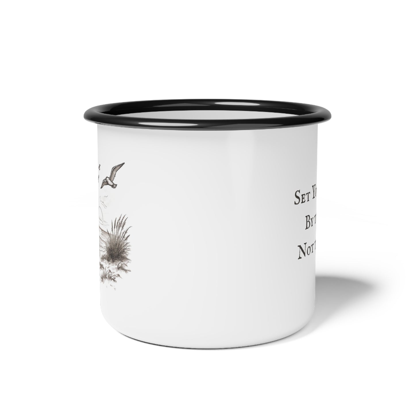 Nautical Coastal Sailboat Design Enamel Camp Cup — 'Set Your Course By the Stars Not the Storm' 12 Oz Outdoor Camping Coffee Mug w/ Accent Rim