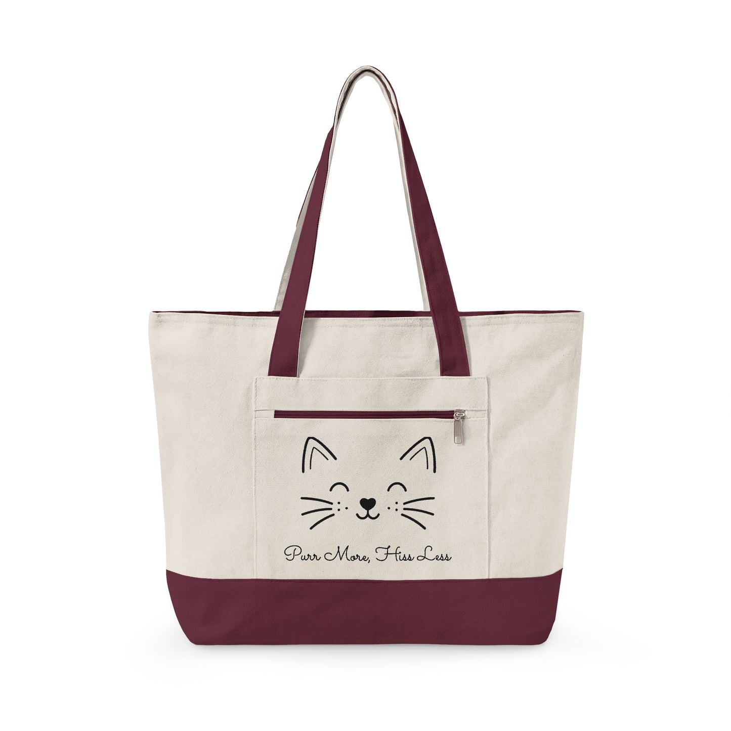 Cute Cat Face Canvas Tote Bag —  'Purr More, Hiss Less' Zippered Beach & Market Tote (Additional Colors)