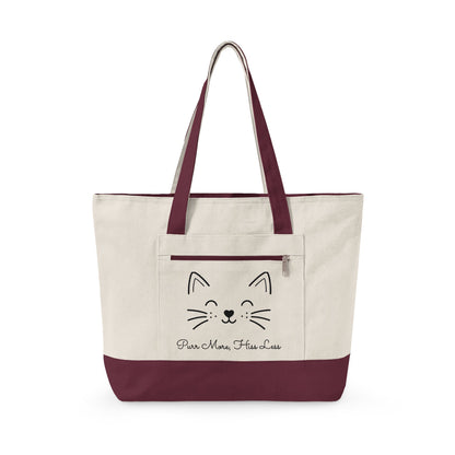 Cute Cat Face Canvas Tote Bag —  'Purr More, Hiss Less' Zippered Beach & Market Tote (Additional Colors)