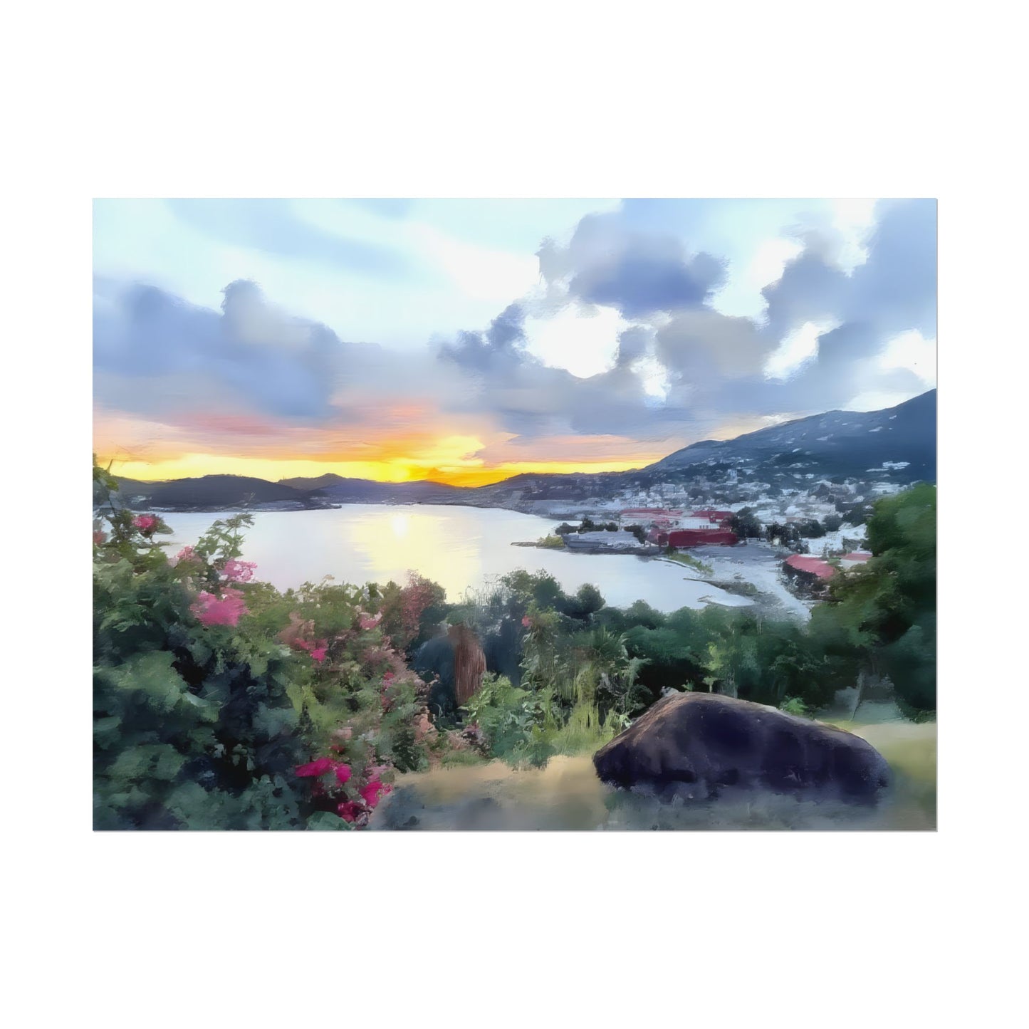 Artistic Scenic Nature Tropical Island Sunset Watercolor-Style Wall Art Print