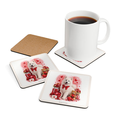 Valentine's Samoyed Dog Theme Cork Coaster Set — Romantic Drink Coasters (4 Piece)