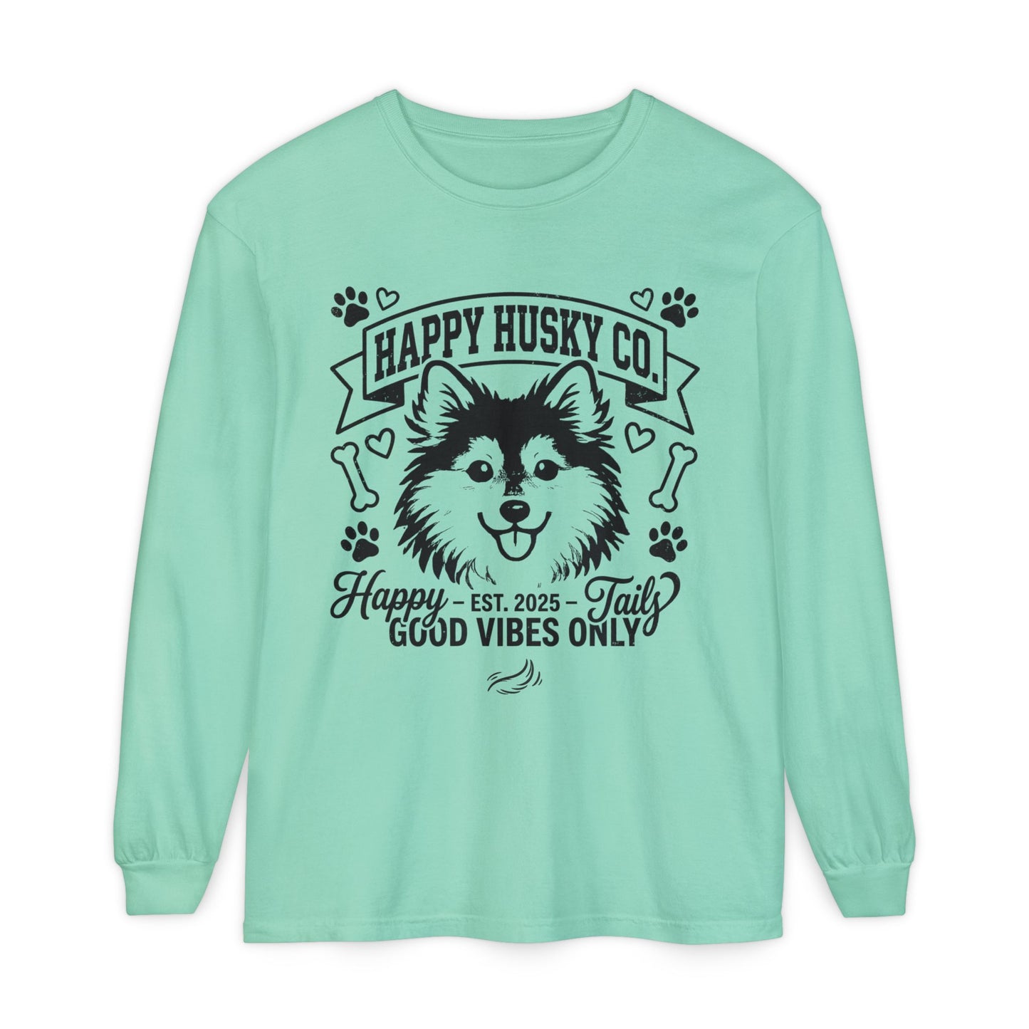 Happy Husky Co. Unisex Long Sleeve Tee — 'Happy Tails, Good Vibes Only' Dog Lover Shirt (Additional Colors)