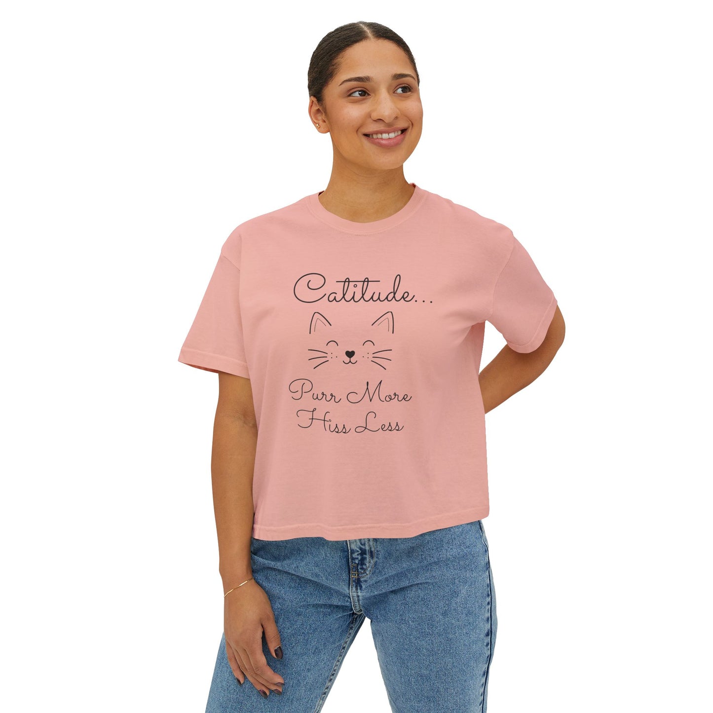 Catitude Boxy Tee — “Purr More, Hiss Less” Cute Cat Graphic T-Shirt (Additional Colors)
