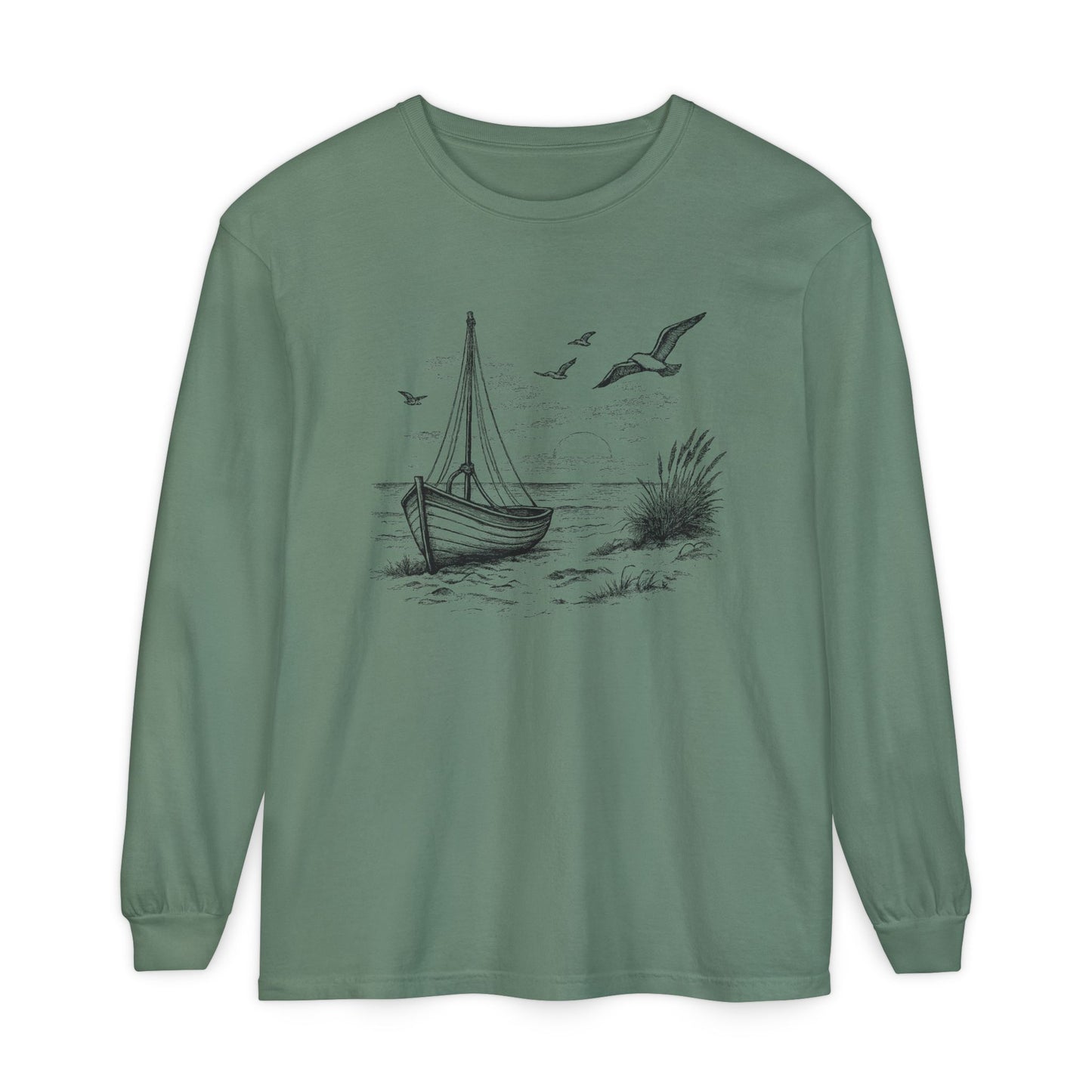 Nautical Sailboat & Beach Sketch Design Long Sleeve Tee - 'Set Your Course by the Stars Not the Storm' (Additional Colors)