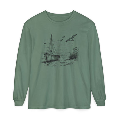 Nautical Sailboat & Beach Sketch Design Long Sleeve Tee - 'Set Your Course by the Stars Not the Storm' (Additional Colors)