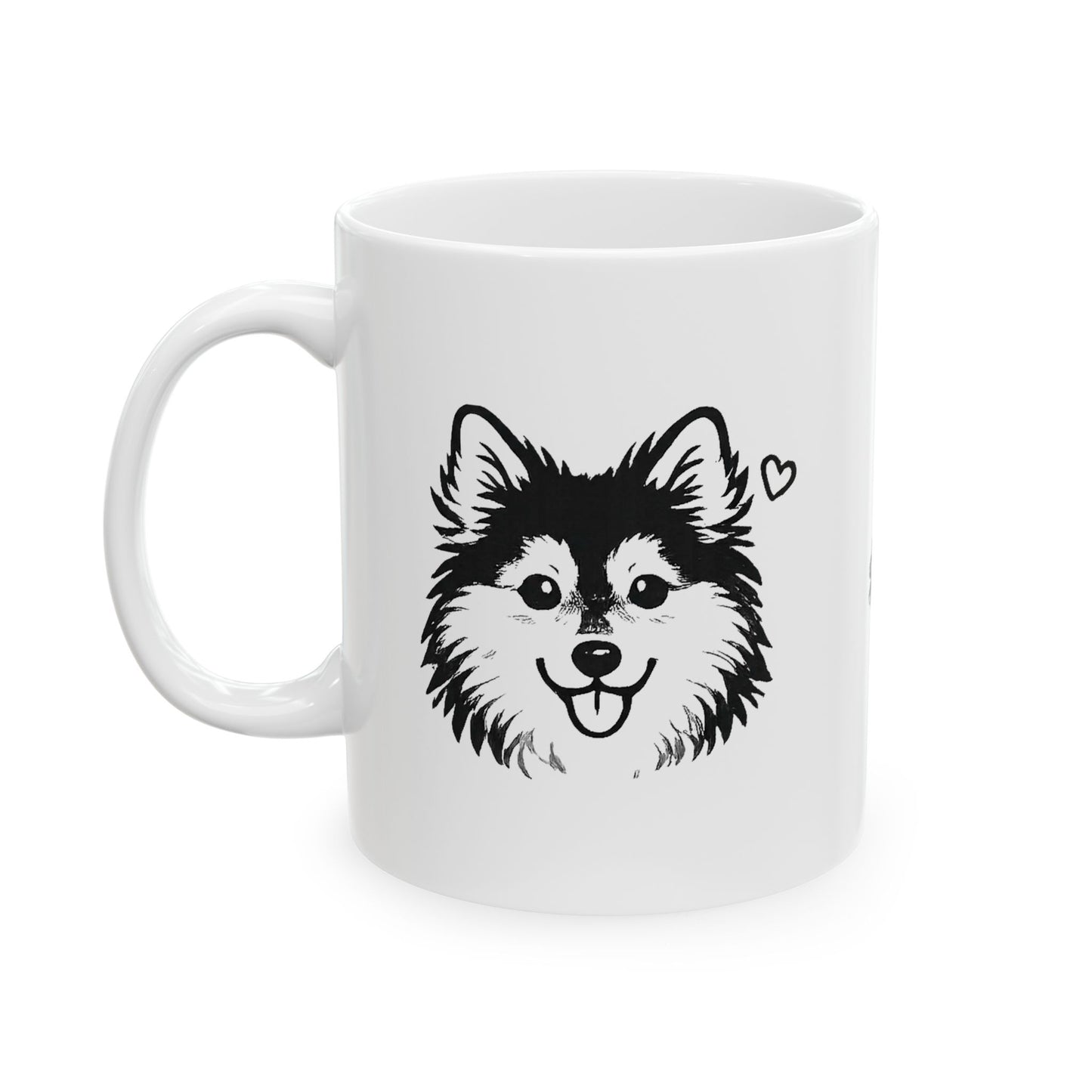 Pomsky With A Heart White Ceramic Dog Theme Mug — "Joy is contagious, Wag it forward" (11oz & 15oz)