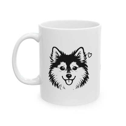 Pomsky With A Heart White Ceramic Dog Theme Mug — "Joy is contagious, Wag it forward" (11oz & 15oz)