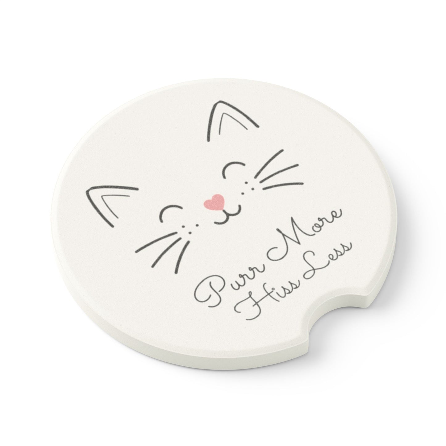 Catitude Collection Cat Face Soapstone Car Coaster — 'Purr More Hiss Less' Car Cup Holder Coaster (Single or 2-Piece Set)