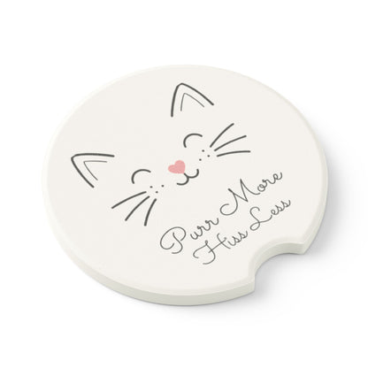 Catitude Collection Cat Face Soapstone Car Coaster — 'Purr More Hiss Less' Car Cup Holder Coaster (Single or 2-Piece Set)