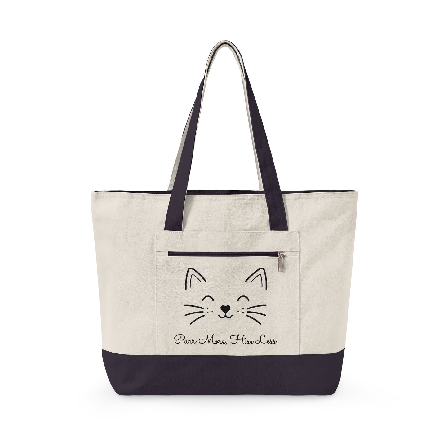 Cute Cat Face Canvas Tote Bag —  'Purr More, Hiss Less' Zippered Beach & Market Tote (Additional Colors)