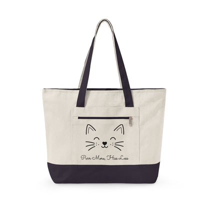 Cute Cat Face Canvas Tote Bag —  'Purr More, Hiss Less' Zippered Beach & Market Tote (Additional Colors)