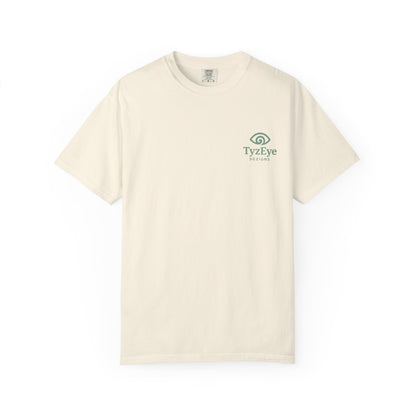 Unisex Adult Coastal Weathered Dock Sunrise Back Design T-Shirt — 'Drift With the Tide'  Graphic w/ Small Wave Logo Front (Additional Color)