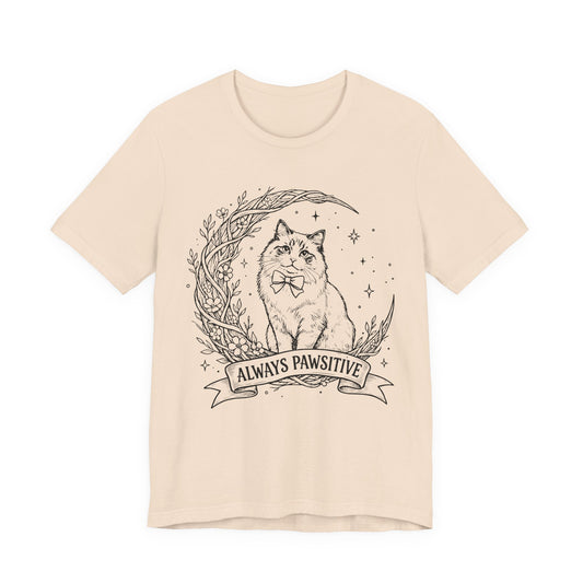 Unisex Adult Cute Cat & Moon Design T-Shirt — “Always Pawsitive” Retro Moon Cat Graphic Tee (Additional Colors)