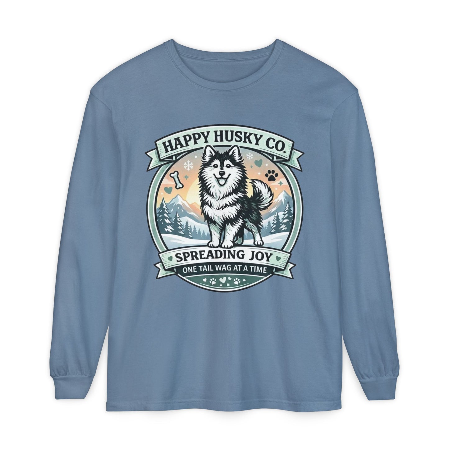 Unisex Colorful Happy Husky Co. Long Sleeve T-Shirt — 'Spreading Joy One Tail Wag At A Time' Graphic (Additional Colors)