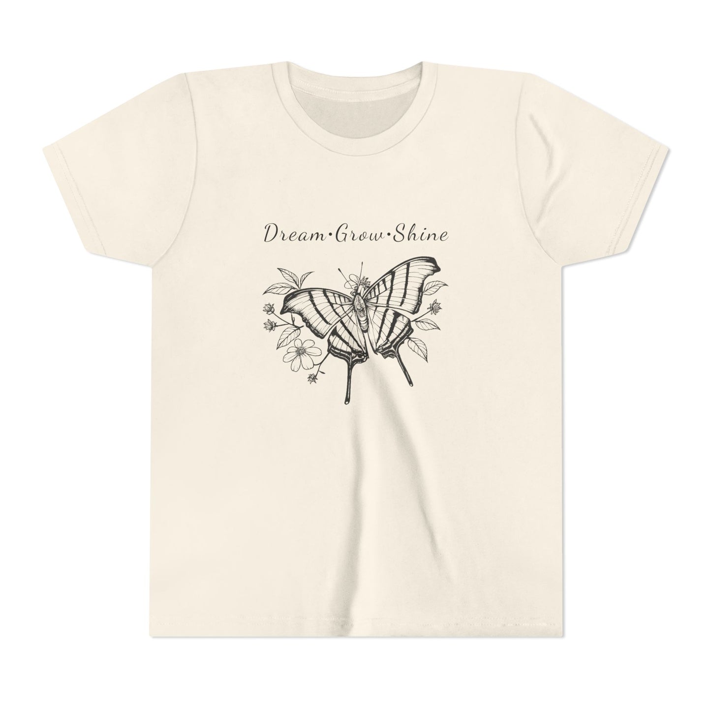 Youth Unisex Butterfly & Flowers Design Short Sleeve Tee - 'Dream, Grow, Shine' Motivational Graphic (Additional Colors)