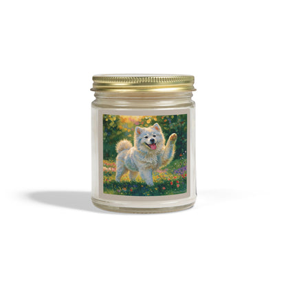 Coconut Apricot Wax Scented Candle — Joyful Samoyed Dog Design, Clear or Amber Jar (4oz or 9oz, Assorted Scents)